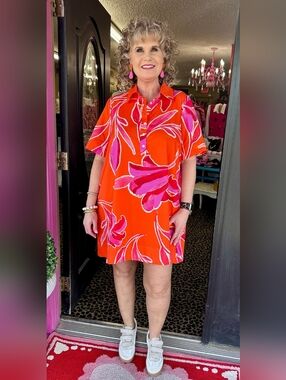 THML Bennie‎ Flower Print Button Dress Orange Pink
